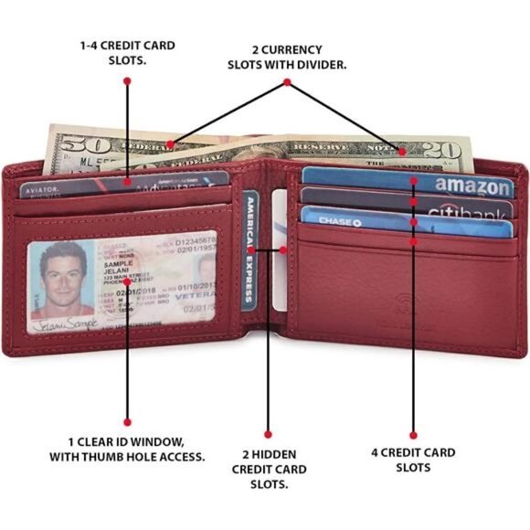 Real Leather Men's Bi fold Wallet RFID Blocking Slim Carry Bag Pocket Thin RED - Picture 2 of 5